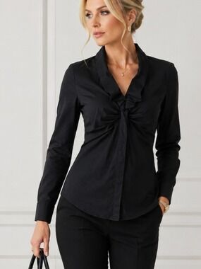 White House Black Market Black Ruched Ruffle Front Blouse Size 4